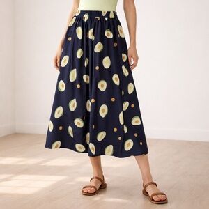 Cellabie Skirt Smiling Avocado Print Midi Novelty Skirt Navy Blue XXS One Size